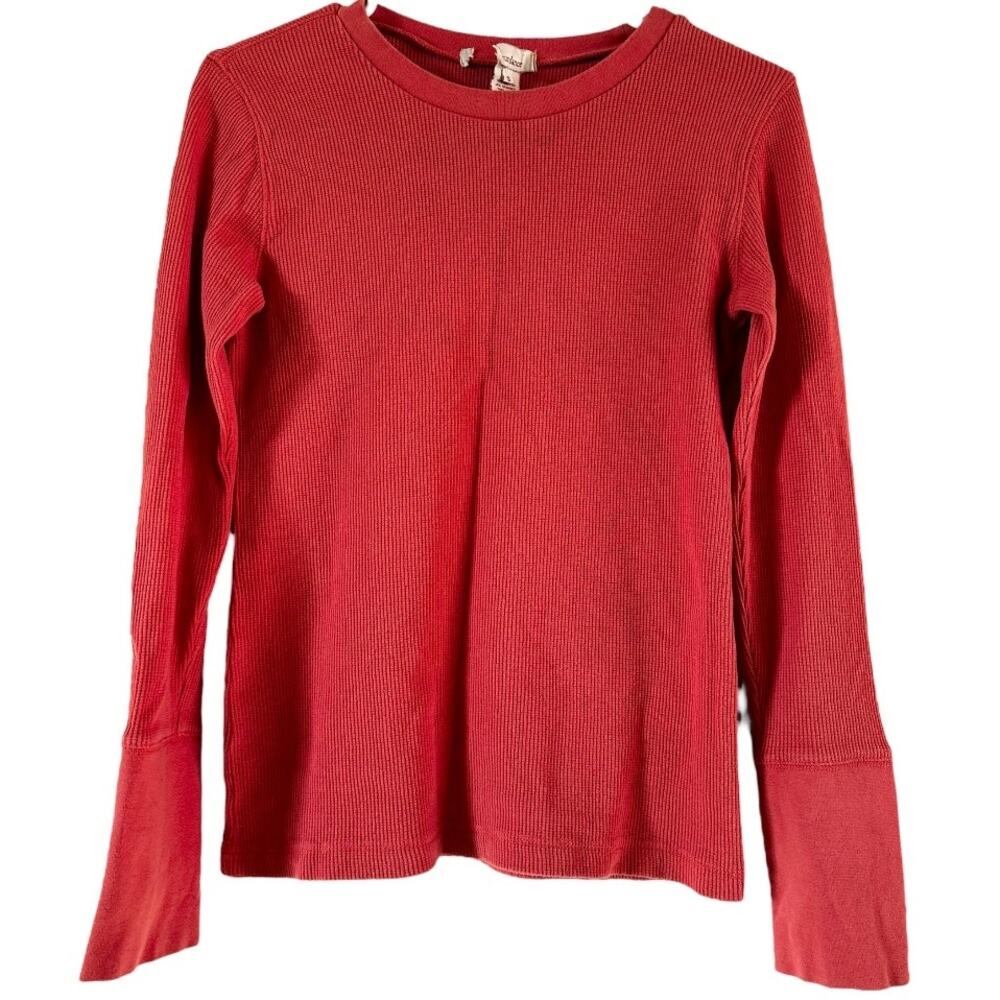 Sundance Thermal Waffle Knit Long Sleeve Top Ribbed Knit Crew Neck Cotton Red S